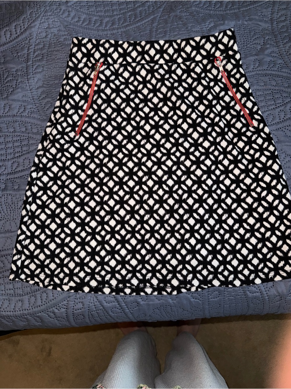 Le Lis Black & White Geometric Midi Skirt with Red Zip Details